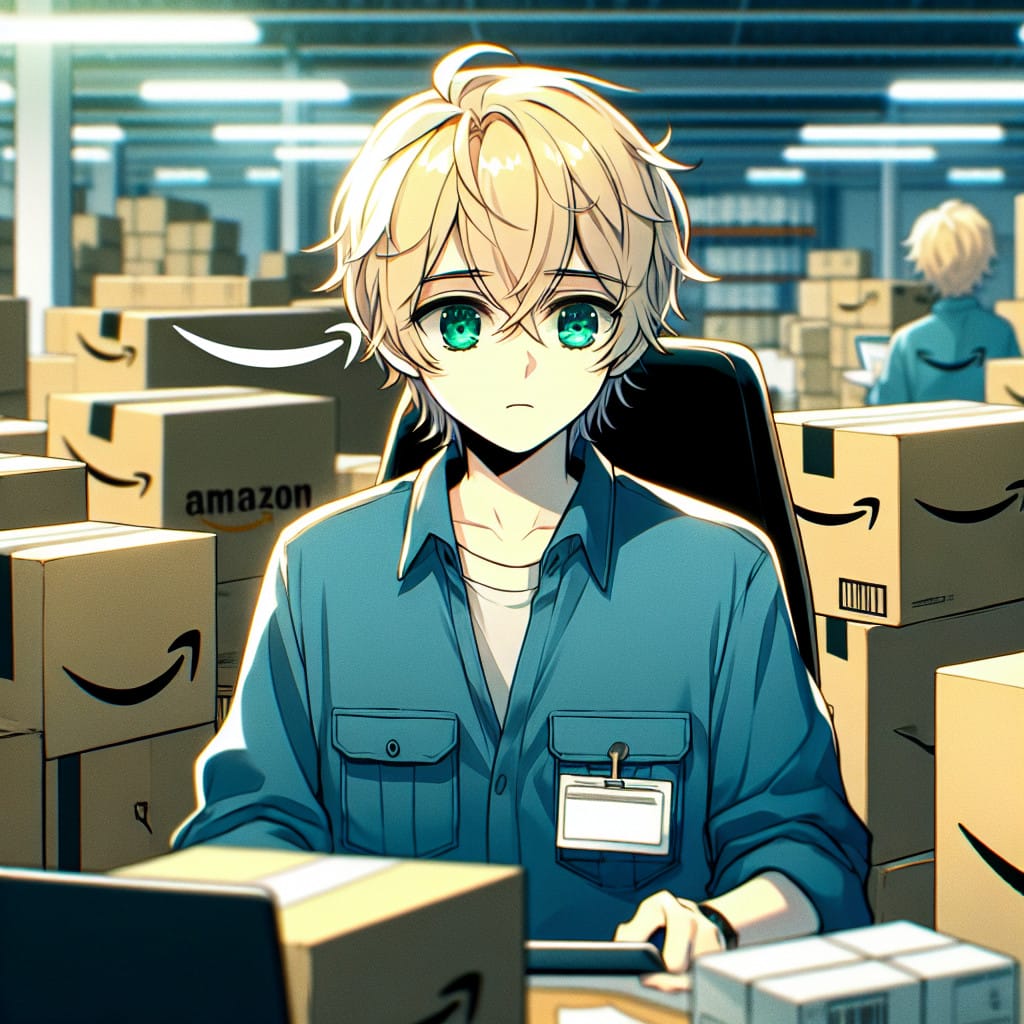 imagine in anime seraph of the end like look showing an anime boy with messy blond hair and green eyes working in amazon import aus china