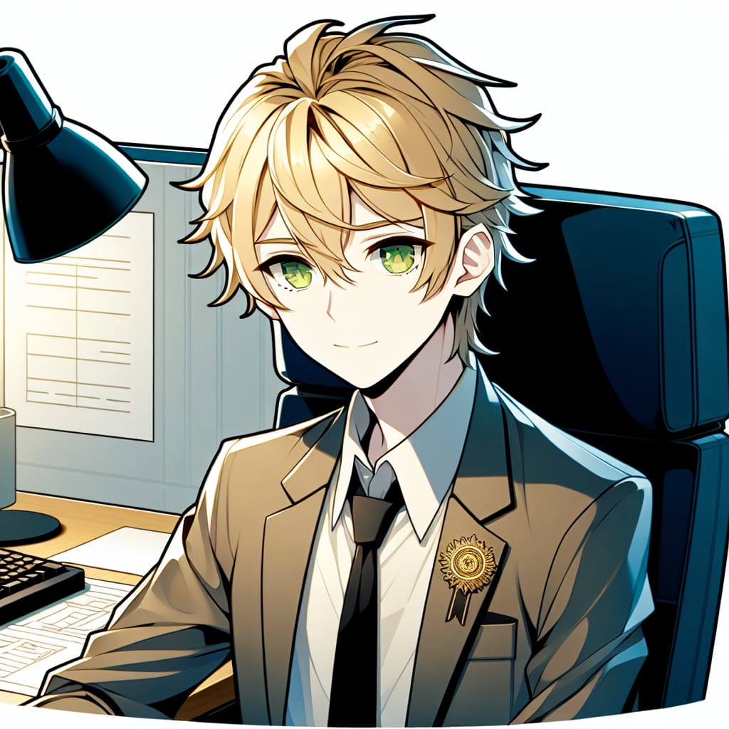 imagine in anime seraph of the end like look showing an anime boy with messy blond hair and green eyes working in amazon verkaeuferberatung
