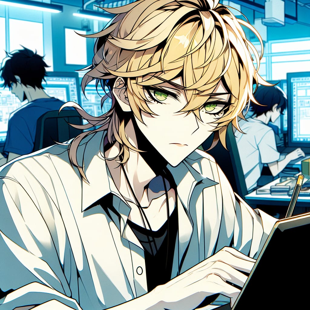 imagine in anime seraph of the end like look showing an anime boy with messy blond hair and green eyes working in androgynes maennliches model