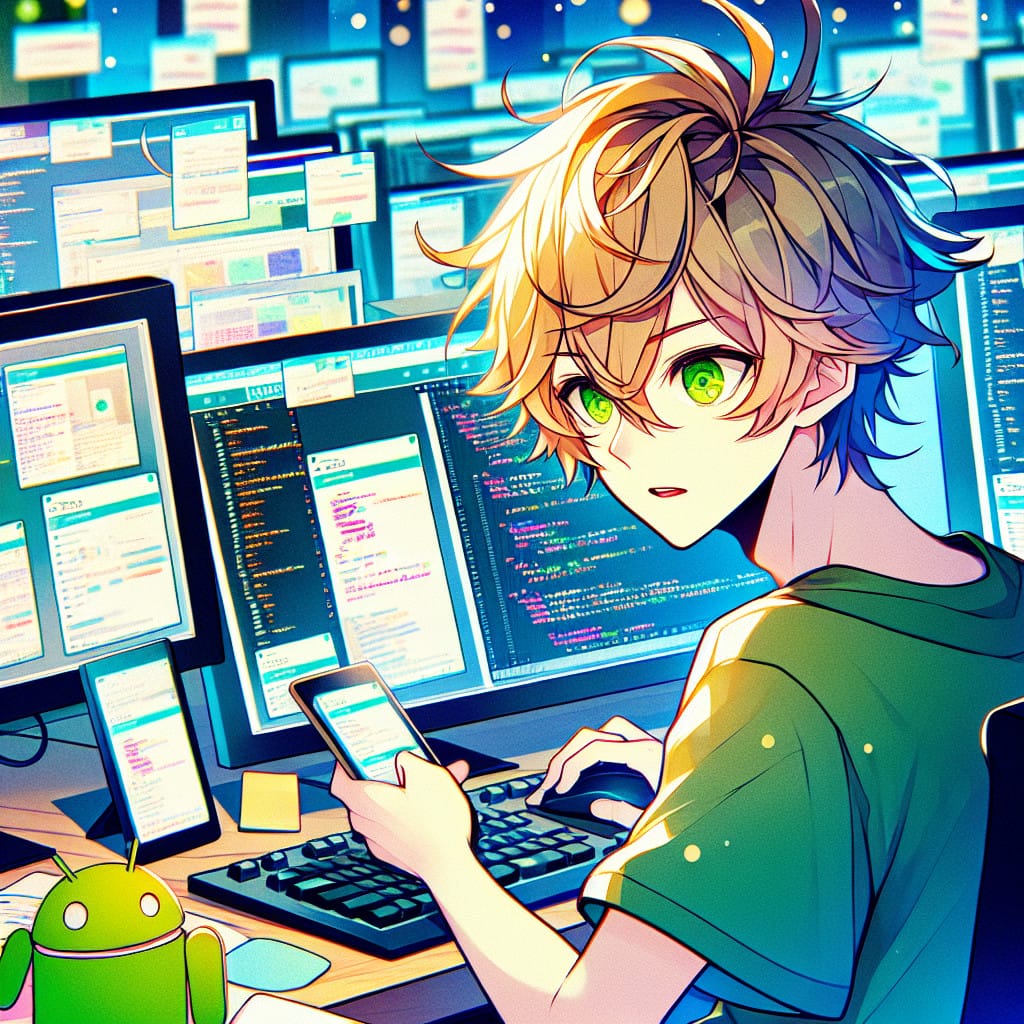 imagine in anime seraph of the end like look showing an anime boy with messy blond hair and green eyes working in android app entwickler