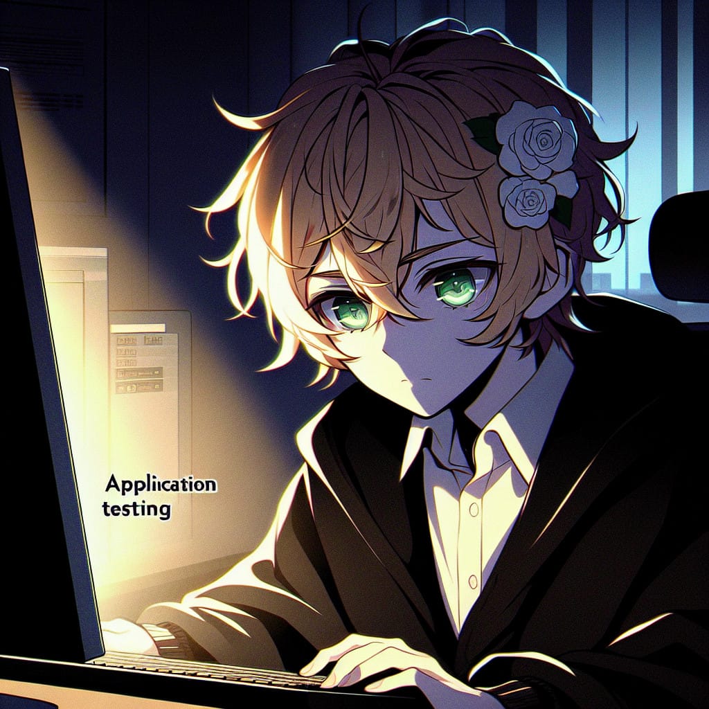 imagine in anime seraph of the end like look showing an anime boy with messy blond hair and green eyes working in app testen