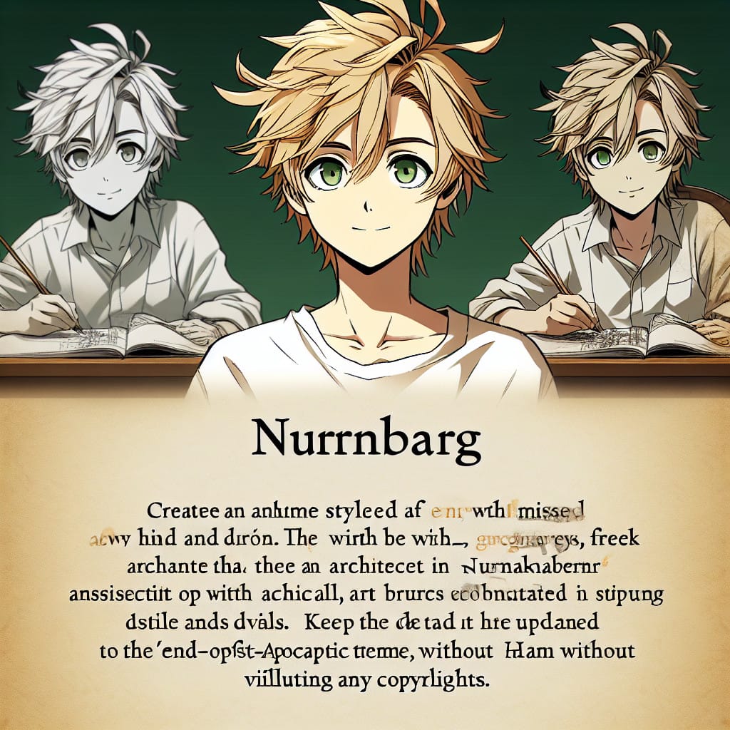 imagine in anime seraph of the end like look showing an anime boy with messy blond hair and green eyes working in architekturfotograf nuernberg