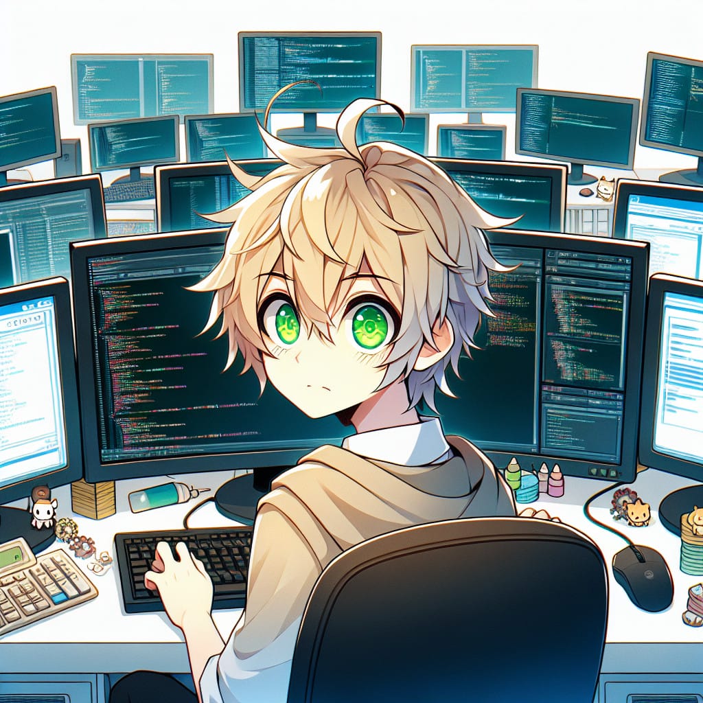 imagine in anime seraph of the end like look showing an anime boy with messy blond hair and green eyes working in backend entwickler