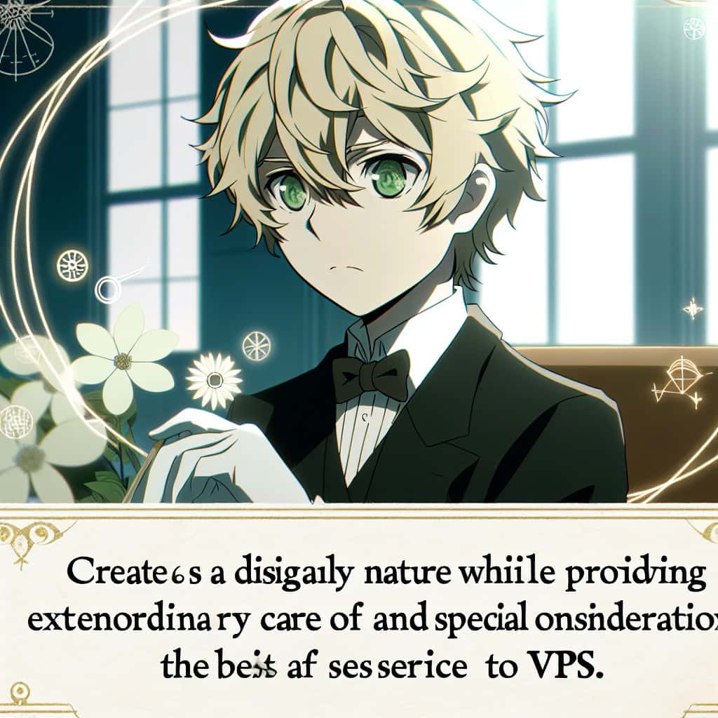imagine in anime seraph of the end like look showing an anime boy with messy blond hair and green eyes working in besondere behandlung von vips