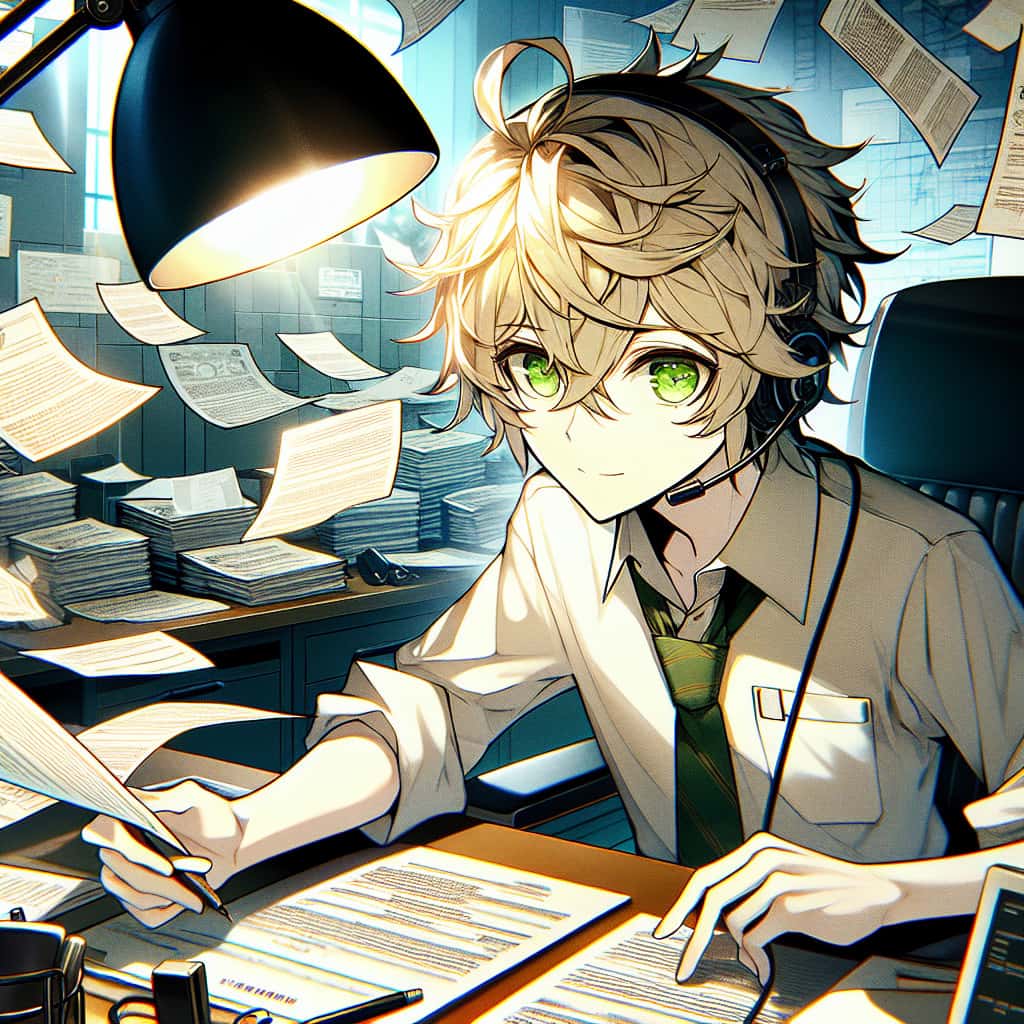imagine in anime seraph of the end like look showing an anime boy with messy blond hair and green eyes working in betriebsberatung