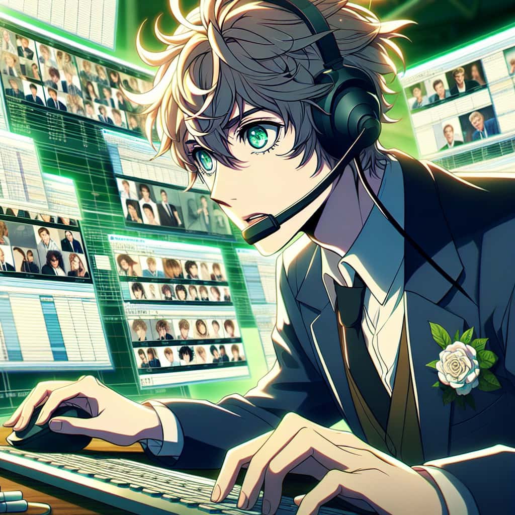 imagine in anime seraph of the end like look showing an anime boy with messy blond hair and green eyes working in buchung von shows kuenstlern keynote speakern und moderatoren