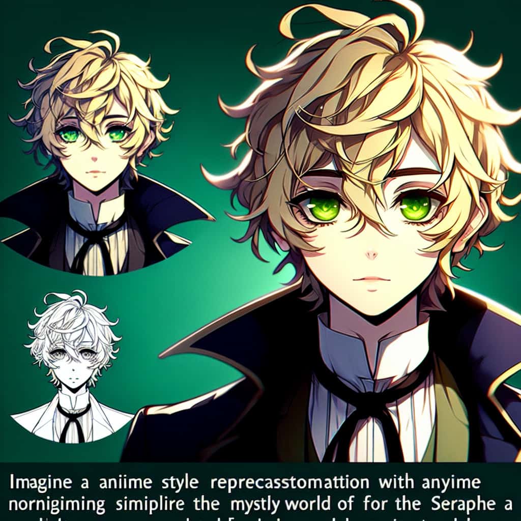 imagine in anime seraph of the end like look showing an anime boy with messy blond hair and green eyes working in business speaker
