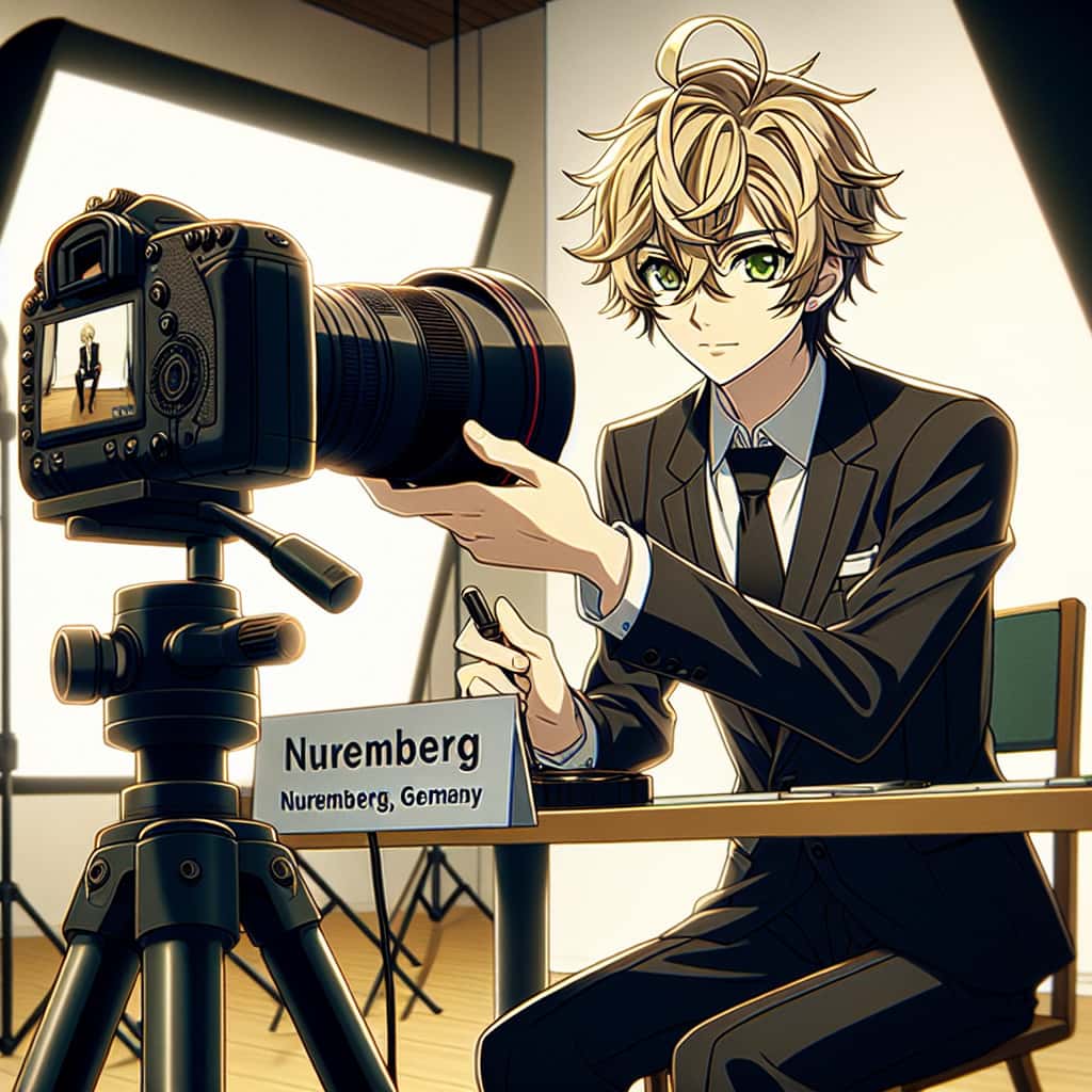 imagine in anime seraph of the end like look showing an anime boy with messy blond hair and green eyes working in businessfotograf nuernberg