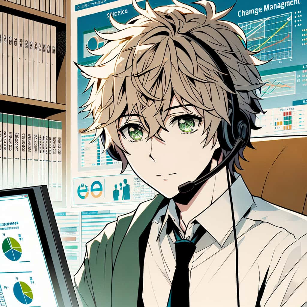 imagine in anime seraph of the end like look showing an anime boy with messy blond hair and green eyes working in change management beratung