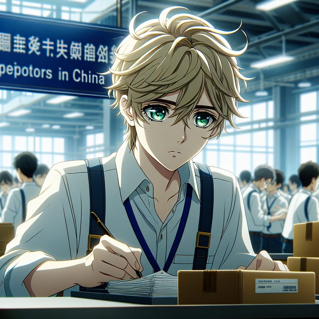 imagine in anime seraph of the end like look showing an anime boy with messy blond hair and green eyes working in china import sourcing agentur