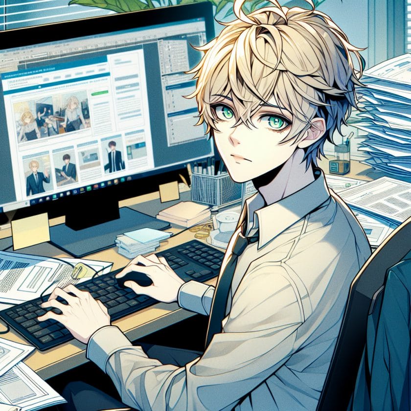 imagine in anime seraph of the end like look showing an anime boy with messy blond hair and green eyes working in content marketing