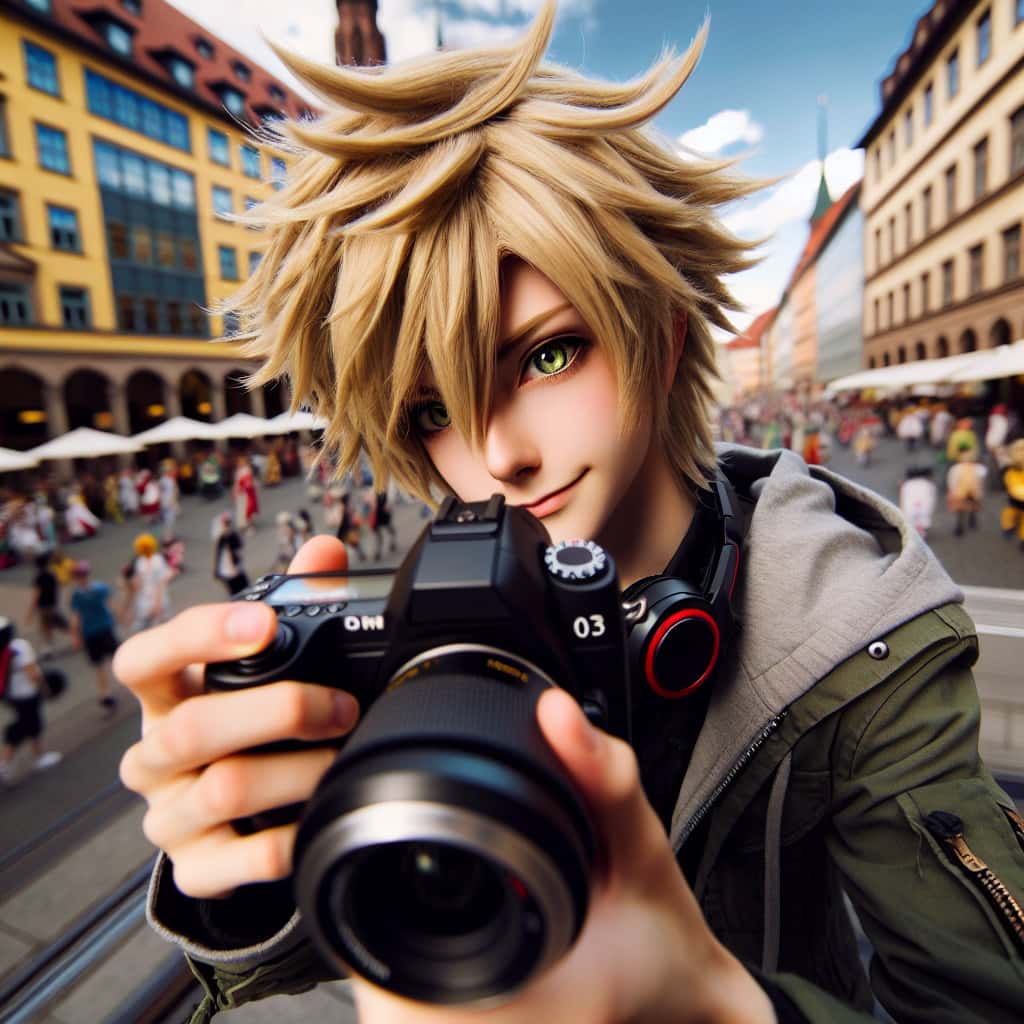 imagine in anime seraph of the end like look showing an anime boy with messy blond hair and green eyes working in cosplay fotograf nuernberg