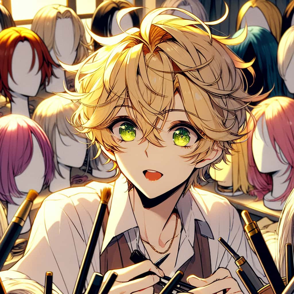 imagine in anime seraph of the end like look showing an anime boy with messy blond hair and green eyes working in cosplay perueckenstyling