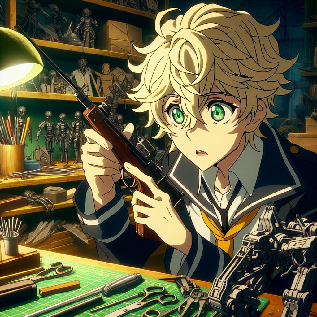 imagine in anime seraph of the end like look showing an anime boy with messy blond hair and green eyes working in cosplay prop herstellung