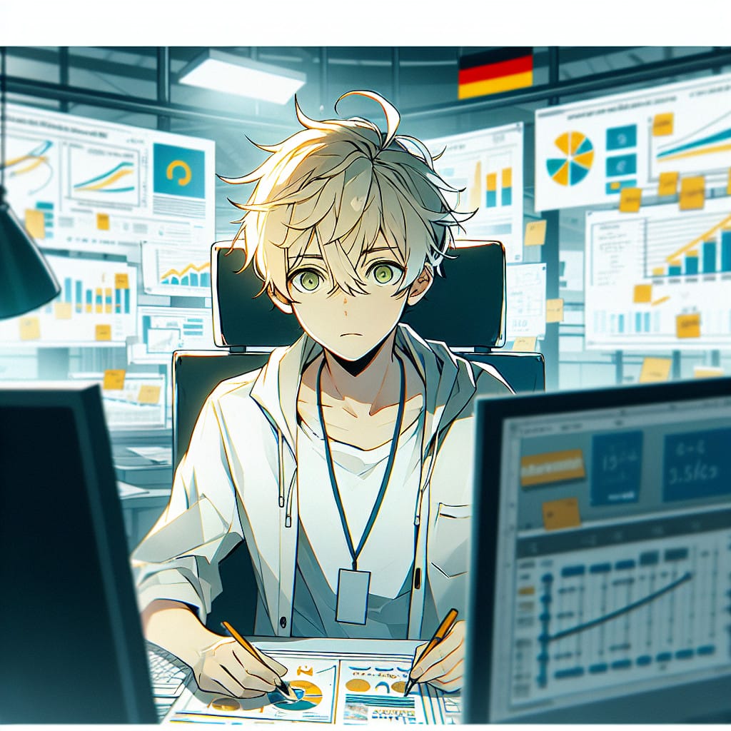 imagine in anime seraph of the end like look showing an anime boy with messy blond hair and green eyes working in deutsche marketingagentur