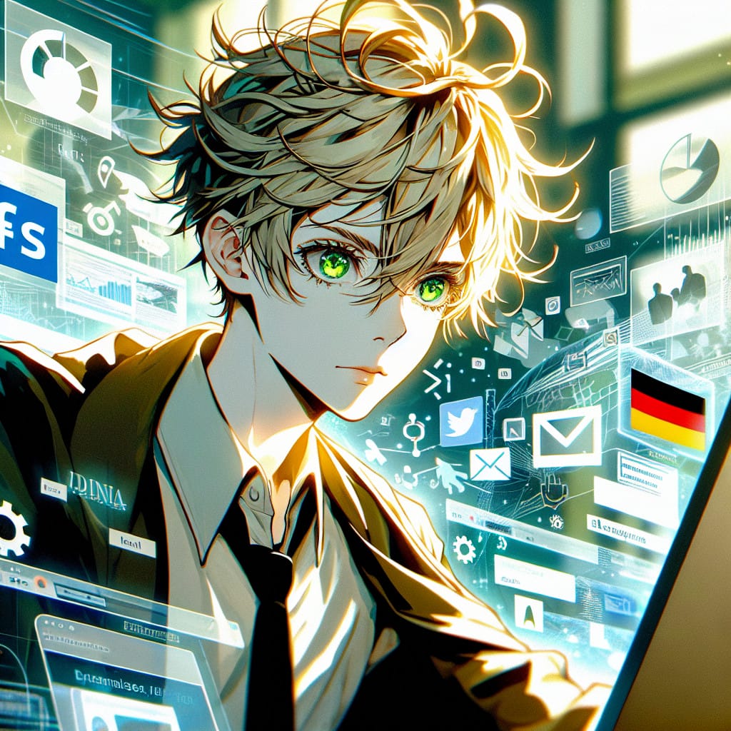 imagine in anime seraph of the end like look showing an anime boy with messy blond hair and green eyes working in deutsche social media agentur