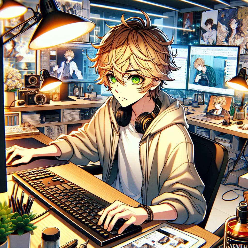 imagine in anime seraph of the end like look showing an anime boy with messy blond hair and green eyes working in deutscher influencer