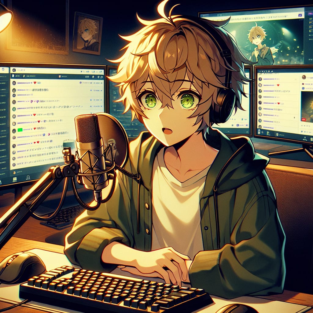 imagine in anime seraph of the end like look showing an anime boy with messy blond hair and green eyes working in deutscher livestream moderator