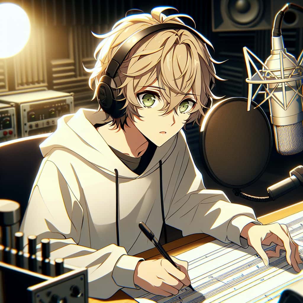 imagine in anime seraph of the end like look showing an anime boy with messy blond hair and green eyes working in deutscher maennlicher sprecher fuer radiowerbespots