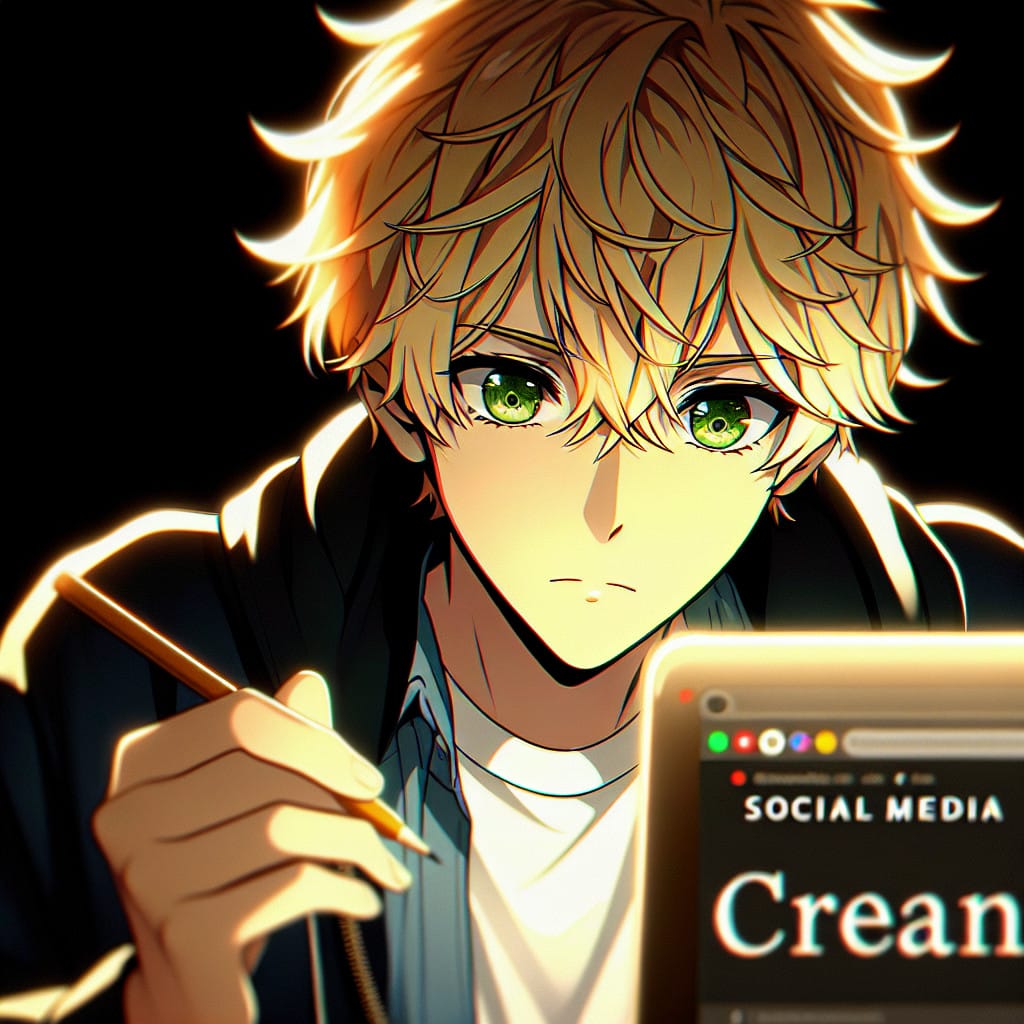 imagine in anime seraph of the end like look showing an anime boy with messy blond hair and green eyes working in deutscher social media creator