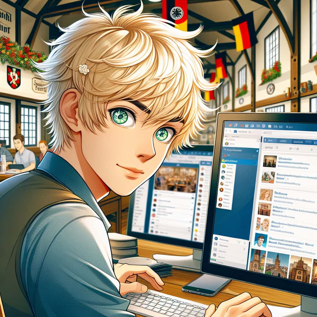 imagine in anime seraph of the end like look showing an anime boy with messy blond hair and green eyes working in deutsches social media management
