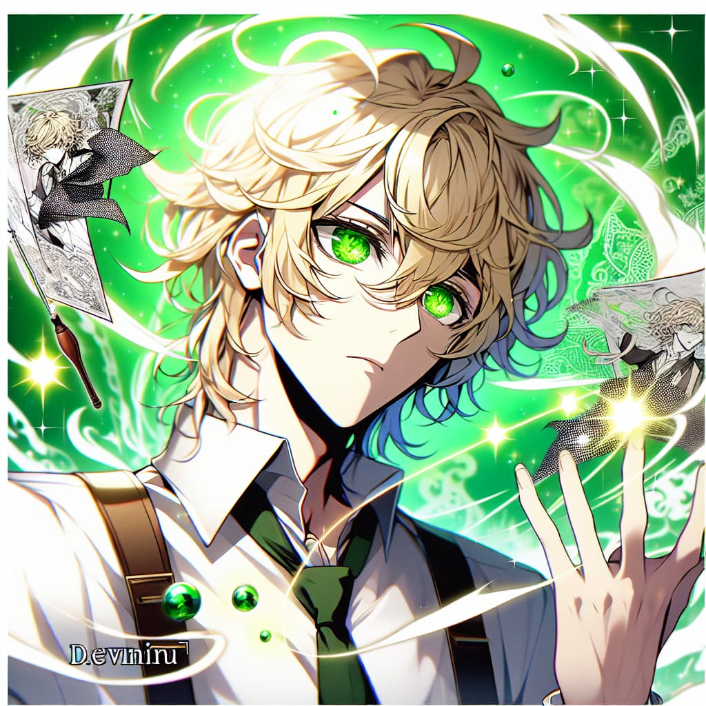 imagine in anime seraph of the end like look showing an anime boy with messy blond hair and green eyes working in drachen walk act fuer ihr event