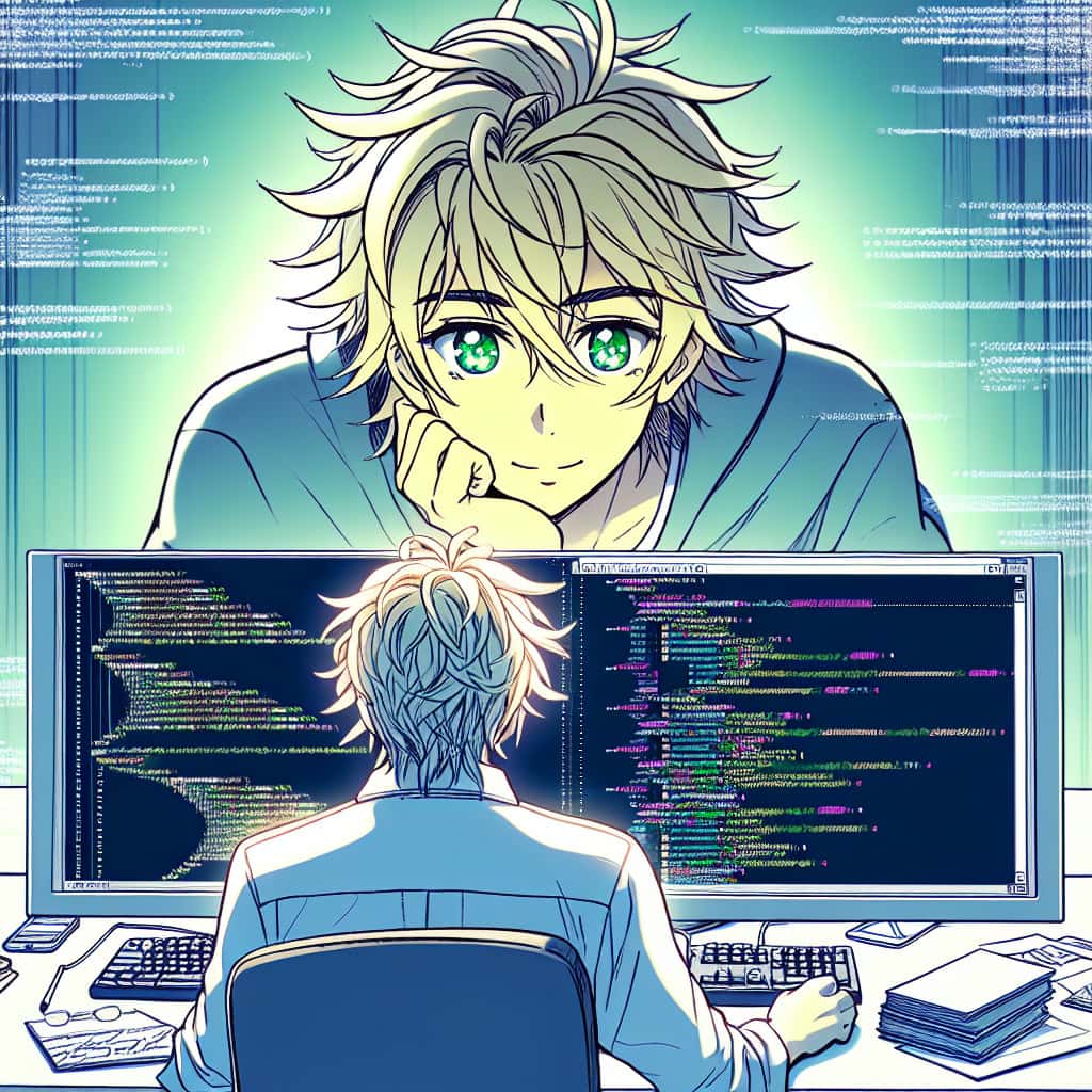 imagine in anime seraph of the end like look showing an anime boy with messy blond hair and green eyes working in e commerce entwicklung