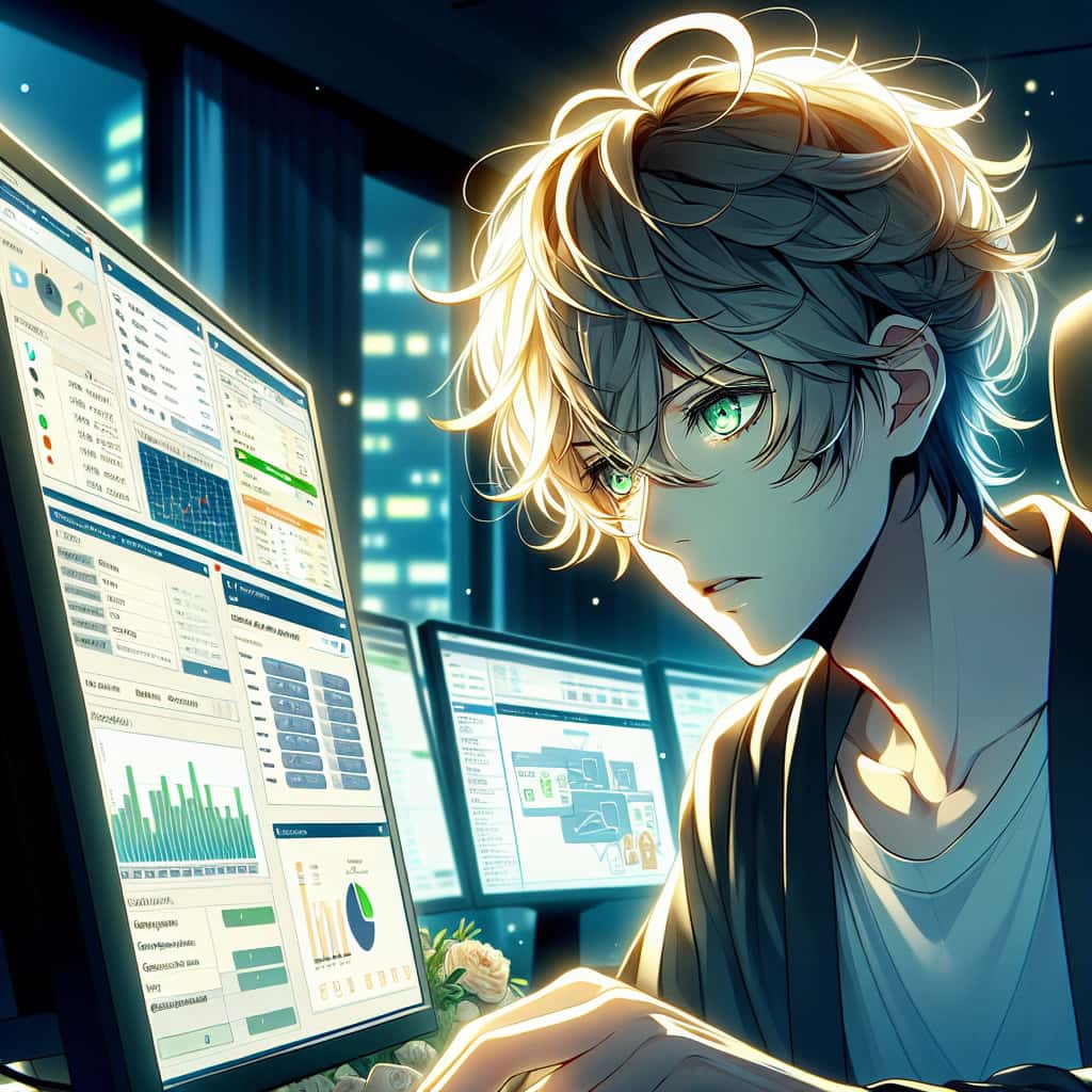 imagine in anime seraph of the end like look showing an anime boy with messy blond hair and green eyes working in e commerce management
