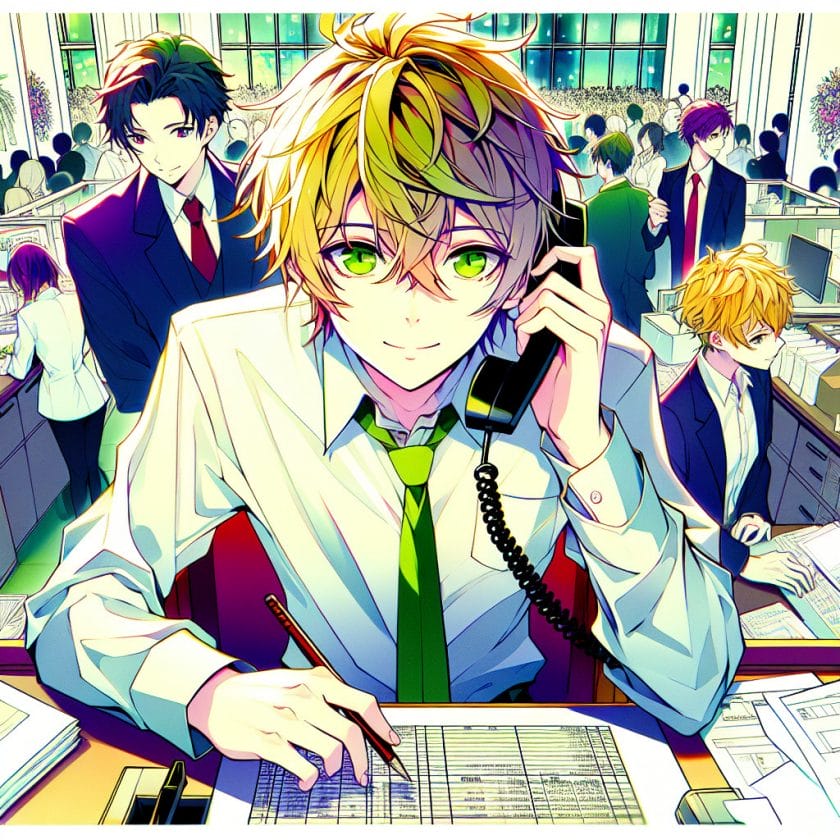 imagine in anime seraph of the end like look showing an anime boy with messy blond hair and green eyes working in einladung hotel und reisemanagement
