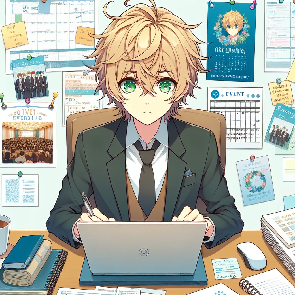imagine in anime seraph of the end like look showing an anime boy with messy blond hair and green eyes working in eventagentur