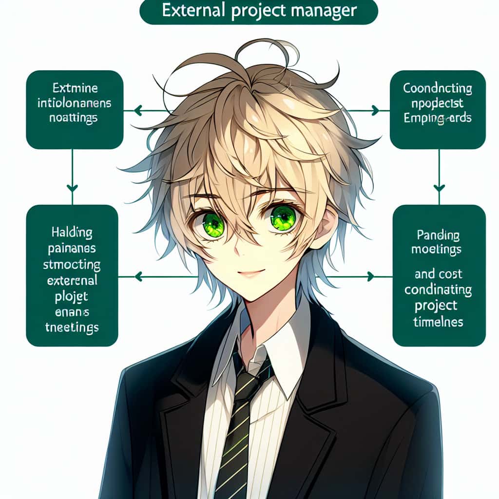 imagine in anime seraph of the end like look showing an anime boy with messy blond hair and green eyes working in externer projektmanager