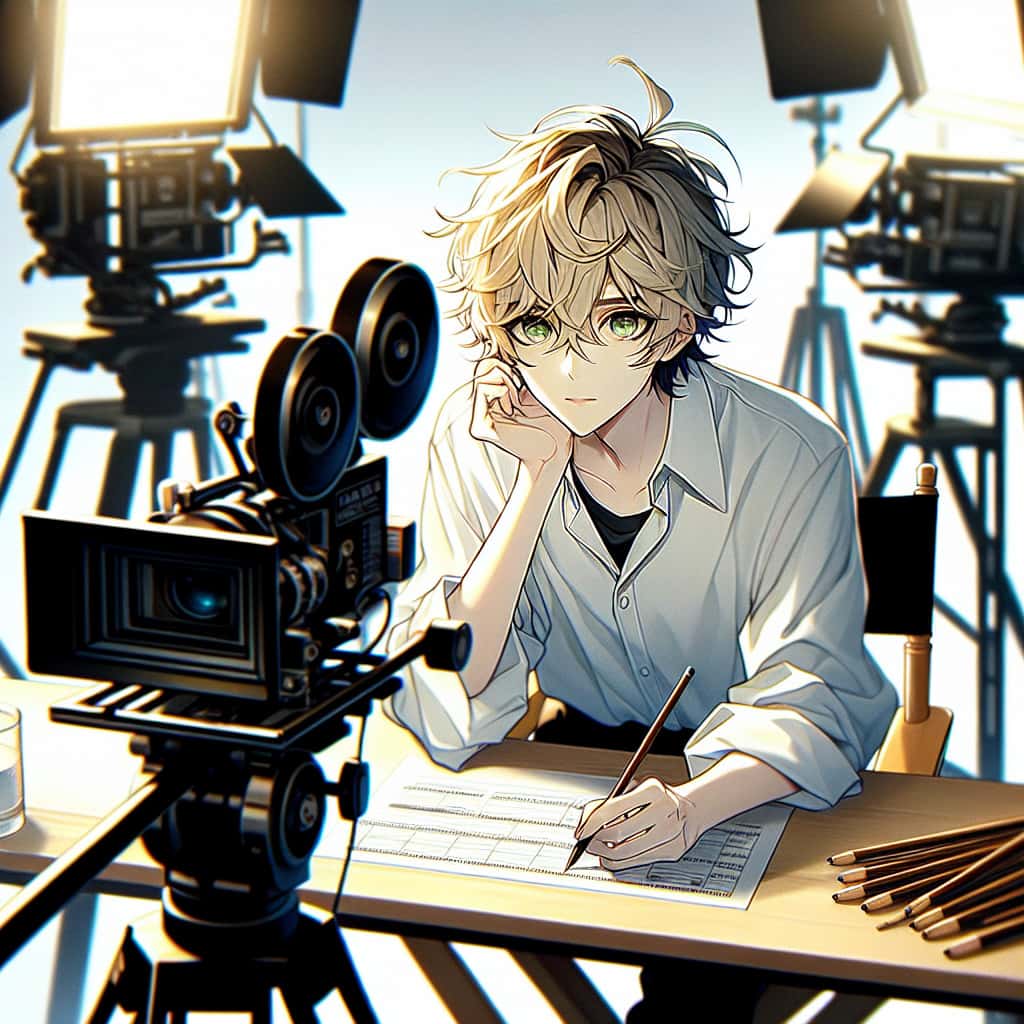 imagine in anime seraph of the end like look showing an anime boy with messy blond hair and green eyes working in filmschauspieler