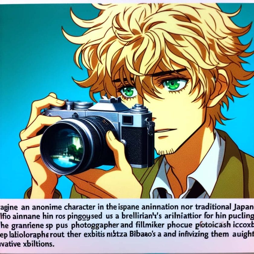 imagine in anime seraph of the end like look showing an anime boy with messy blond hair and green eyes working in fotograf filmemacher fuer die bilbao