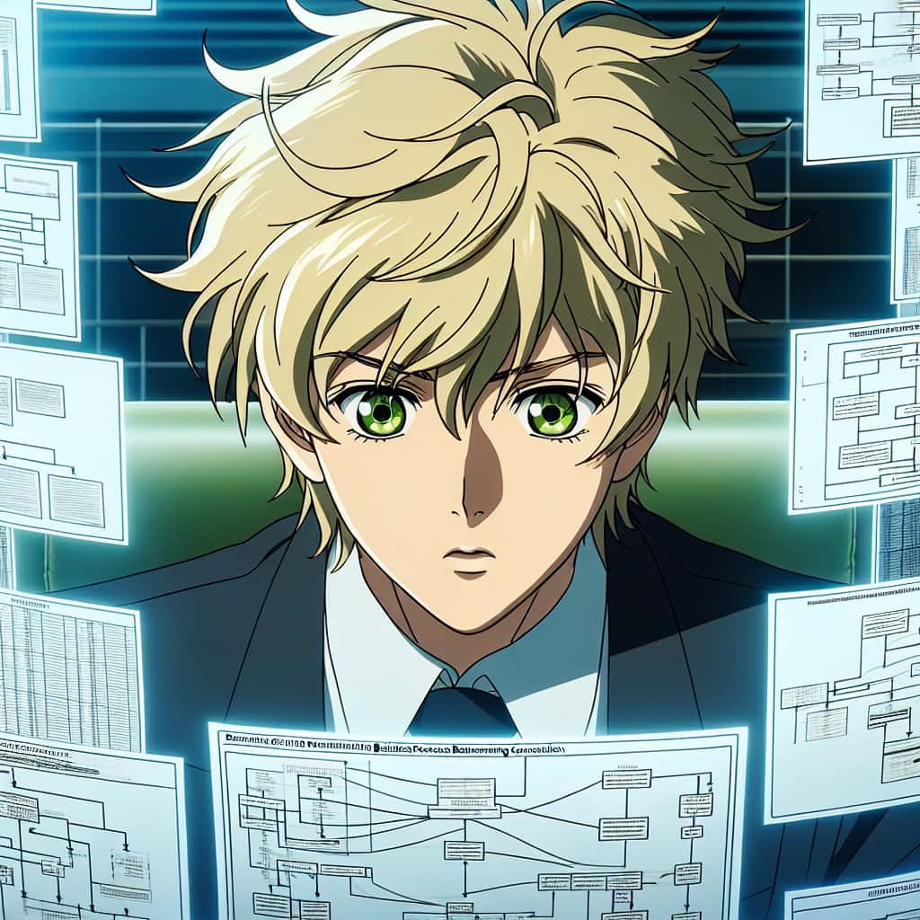imagine in anime seraph of the end like look showing an anime boy with messy blond hair and green eyes working in geschaeftsprozess reengineering beratung
