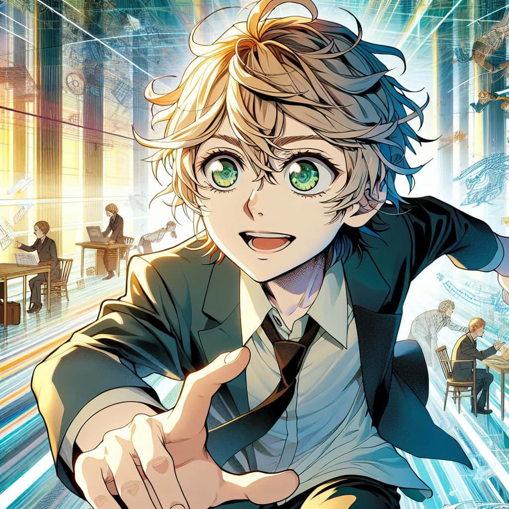 imagine in anime seraph of the end like look showing an anime boy with messy blond hair and green eyes working in geschaeftstransformation