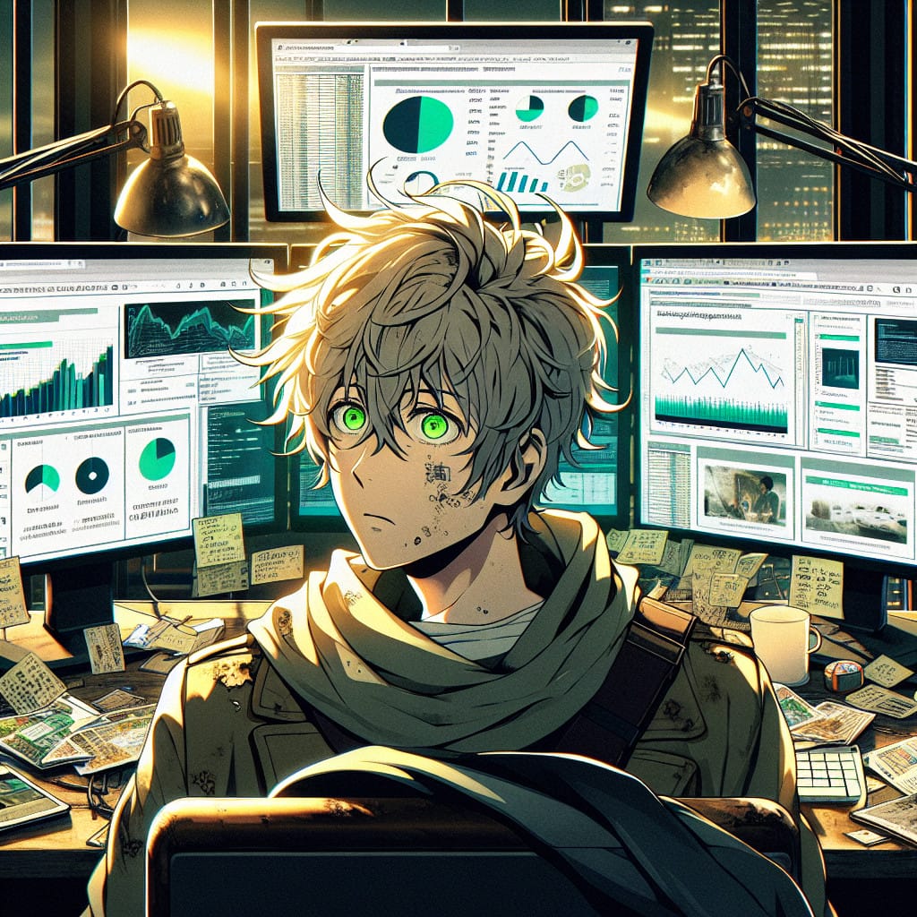 imagine in anime seraph of the end like look showing an anime boy with messy blond hair and green eyes working in google ads beratung