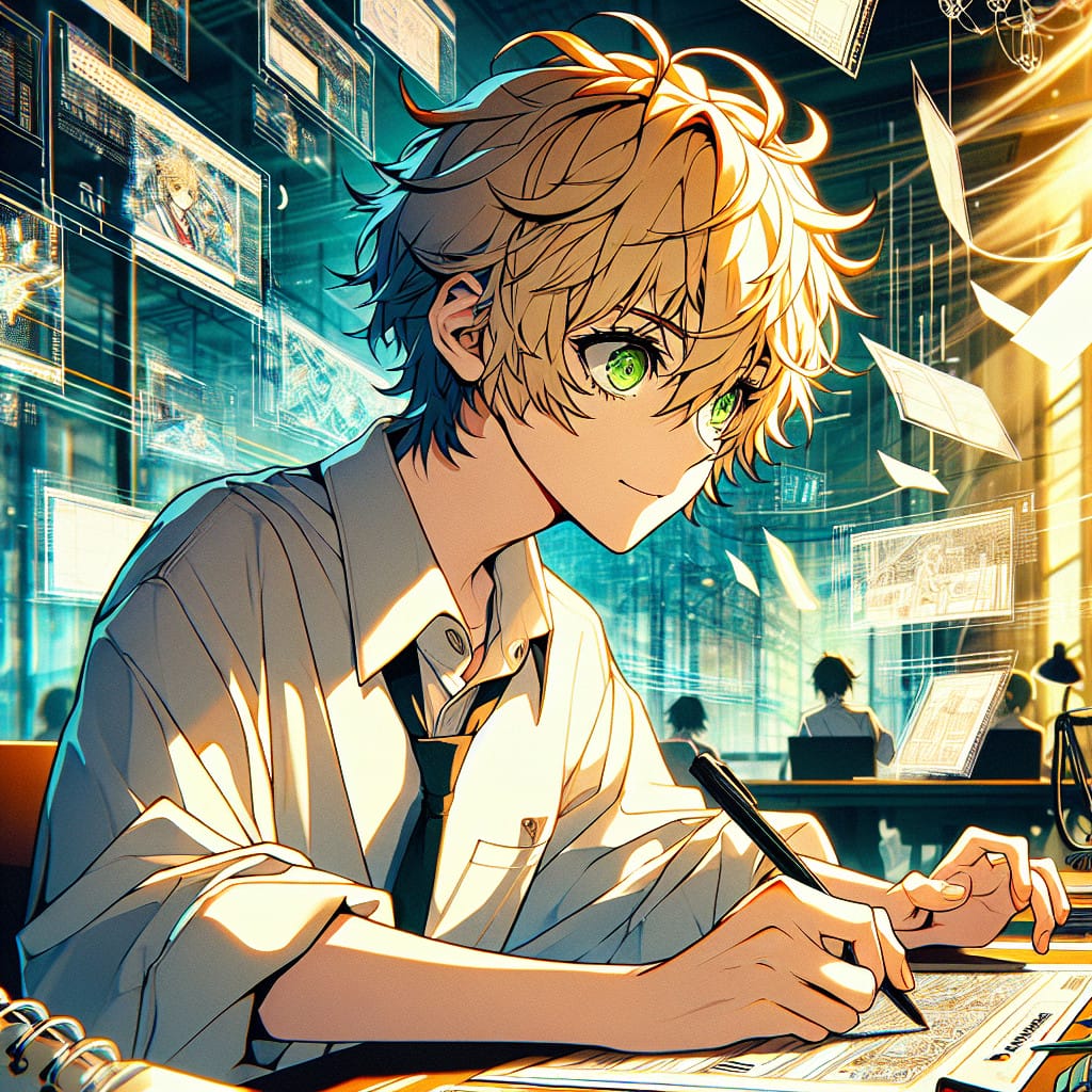 imagine in anime seraph of the end like look showing an anime boy with messy blond hair and green eyes working in ki beratung