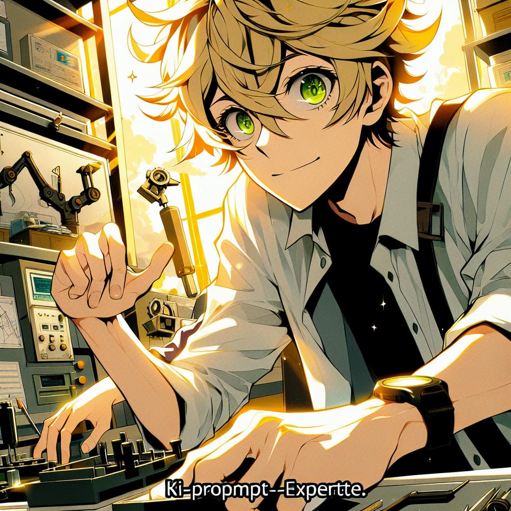 imagine in anime seraph of the end like look showing an anime boy with messy blond hair and green eyes working in ki prompt