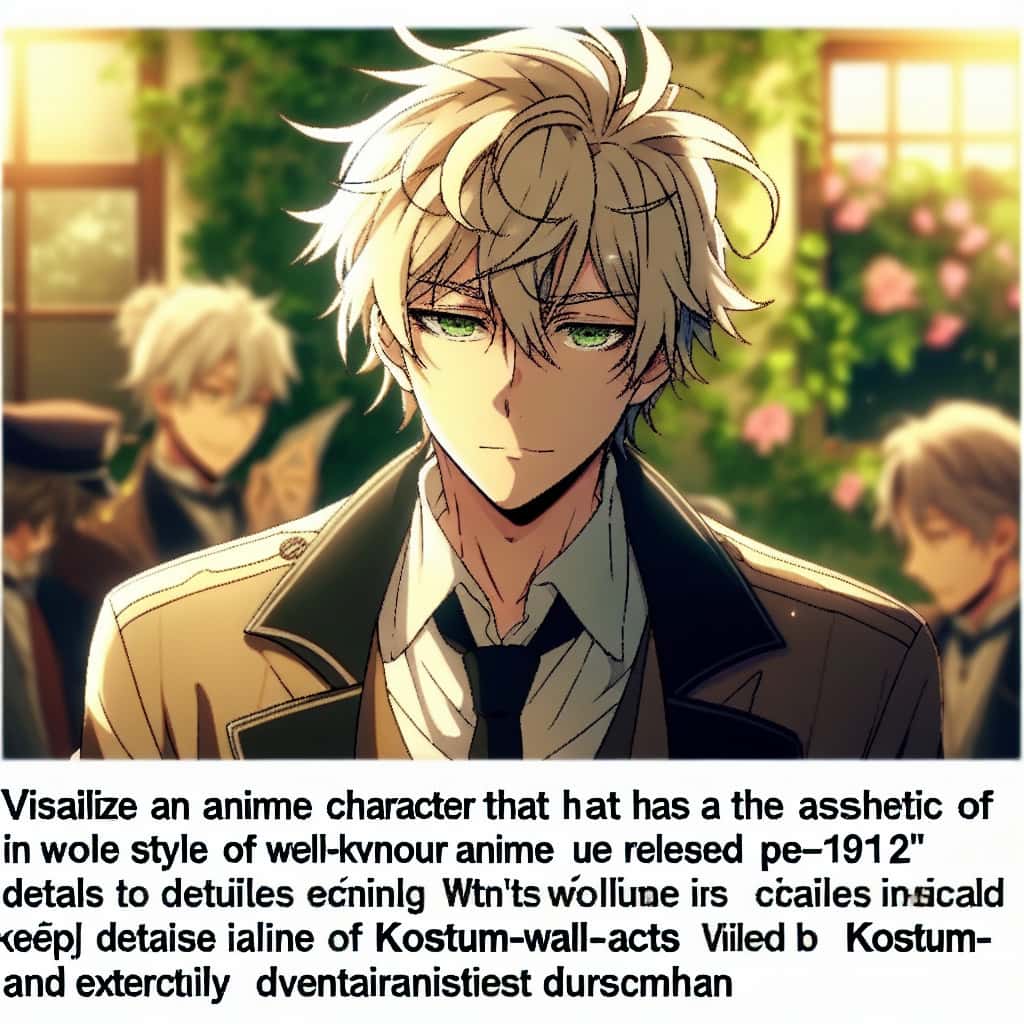 imagine in anime seraph of the end like look showing an anime boy with messy blond hair and green eyes working in kostuem walk acts deutschland