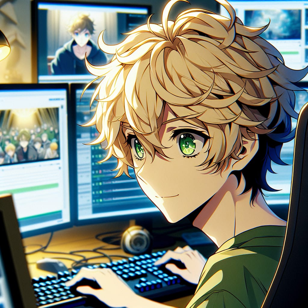 imagine in anime seraph of the end like look showing an anime boy with messy blond hair and green eyes working in livestream