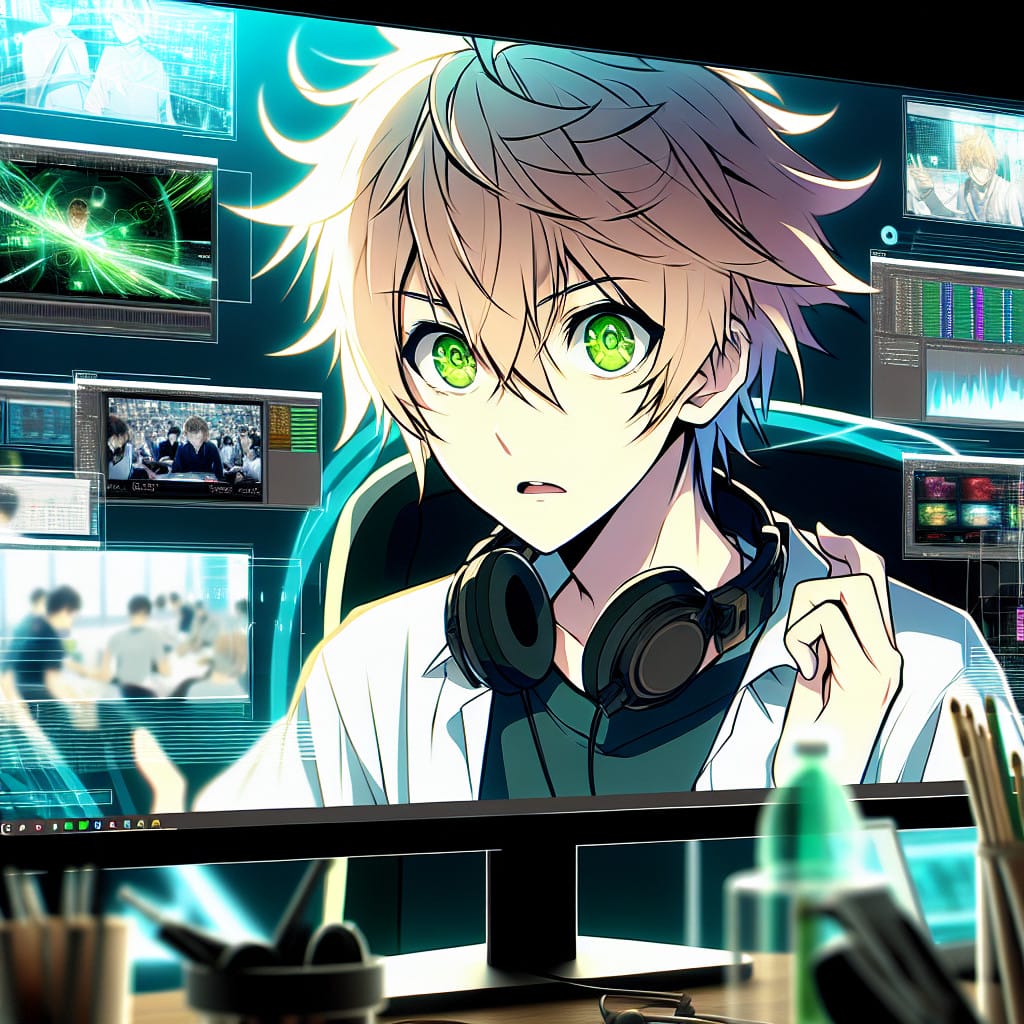 imagine in anime seraph of the end like look showing an anime boy with messy blond hair and green eyes working in livestreaming beratung