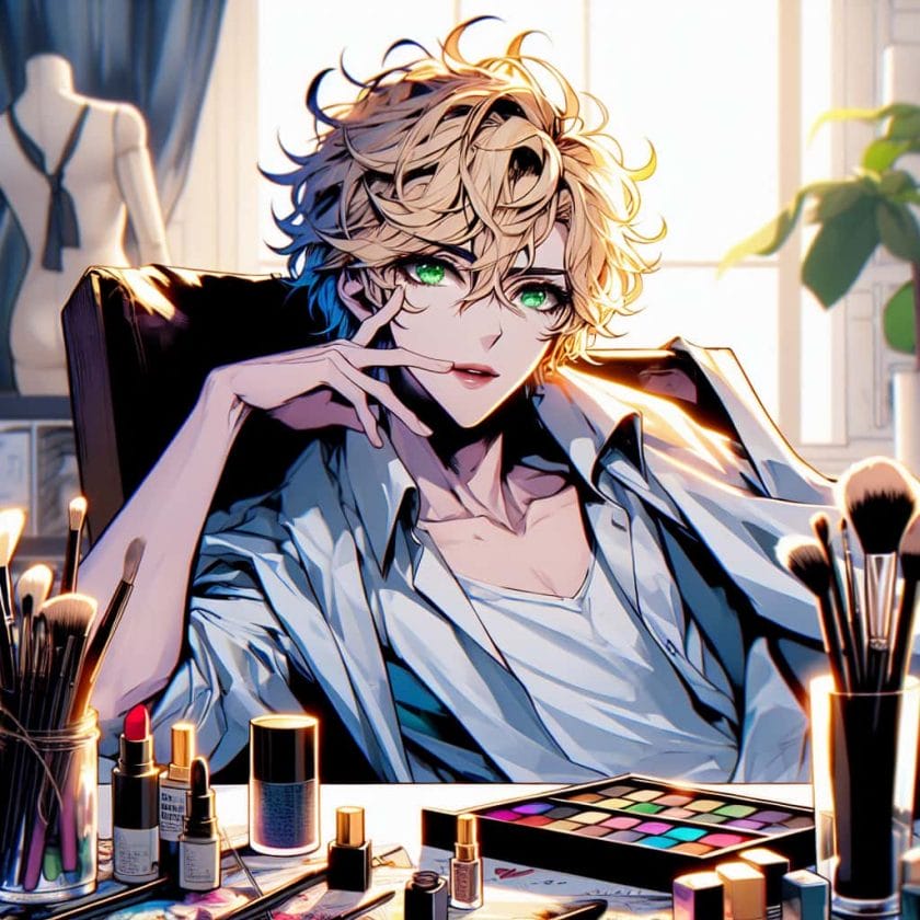 imagine in anime seraph of the end like look showing an anime boy with messy blond hair and green eyes working in maennliches model fuer make up