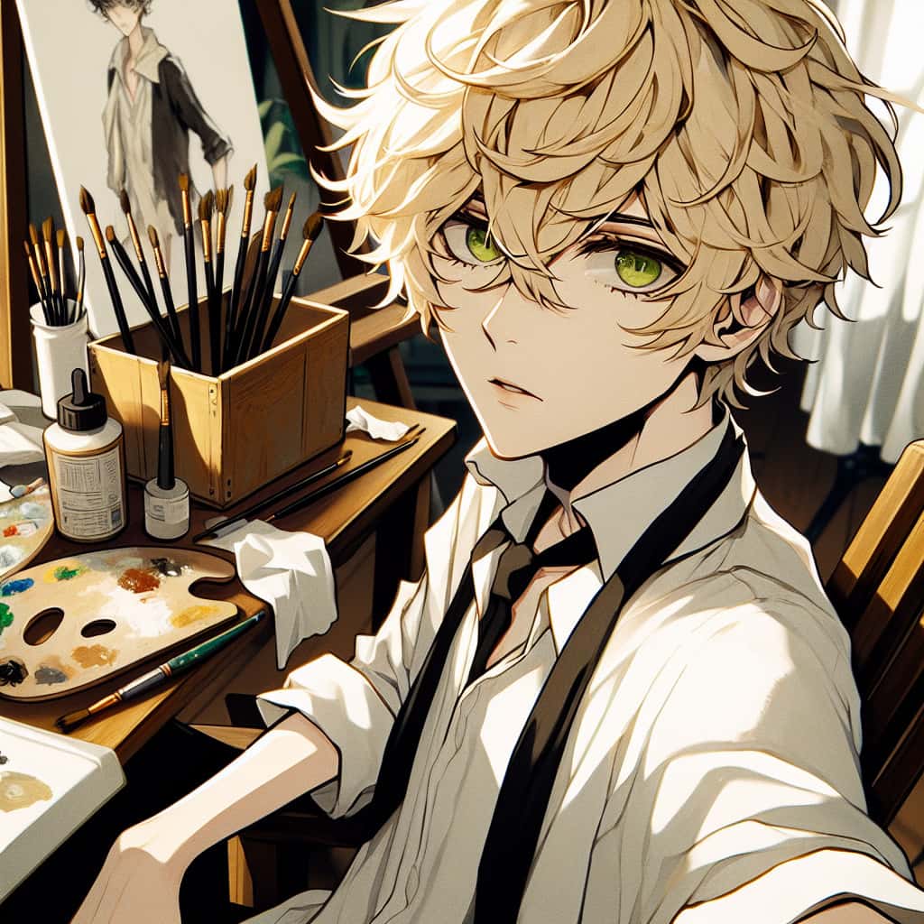 imagine in anime seraph of the end like look showing an anime boy with messy blond hair and green eyes working in maennliches modell fuer kunst