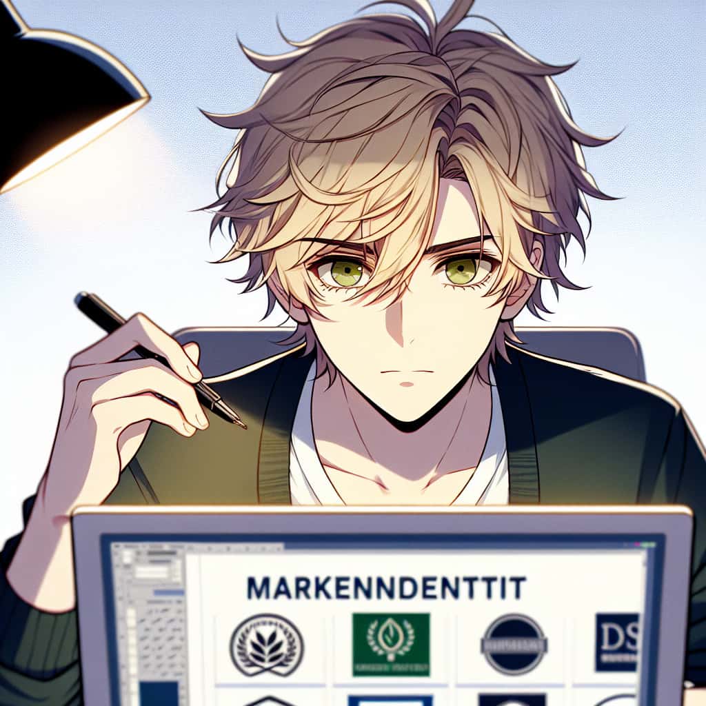 imagine in anime seraph of the end like look showing an anime boy with messy blond hair and green eyes working in markenidentitaet