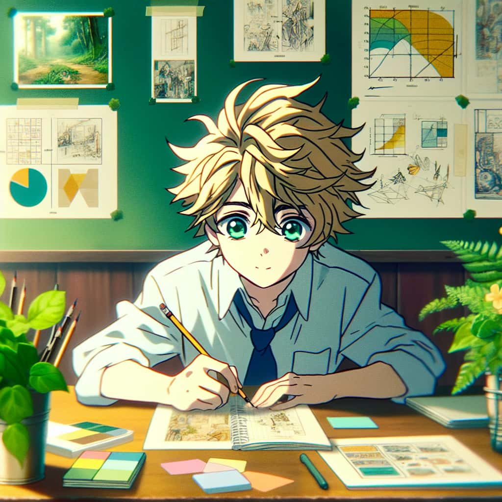 imagine in anime seraph of the end like look showing an anime boy with messy blond hair and green eyes working in markenstrategie