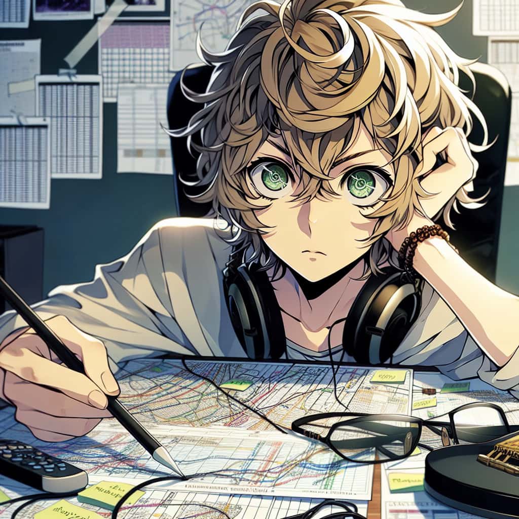 imagine in anime seraph of the end like look showing an anime boy with messy blond hair and green eyes working in musiktourneeplanung