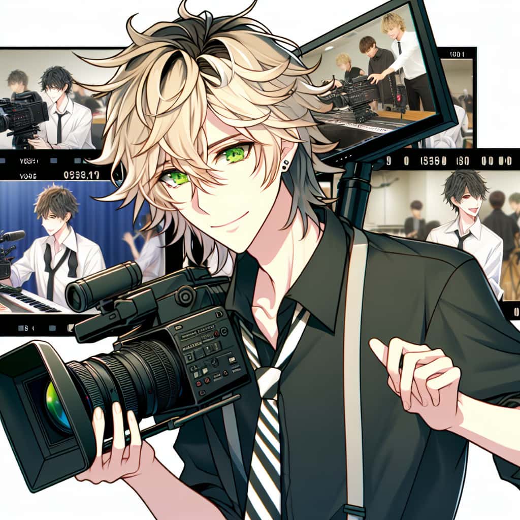 imagine in anime seraph of the end like look showing an anime boy with messy blond hair and green eyes working in musikvideo produktion