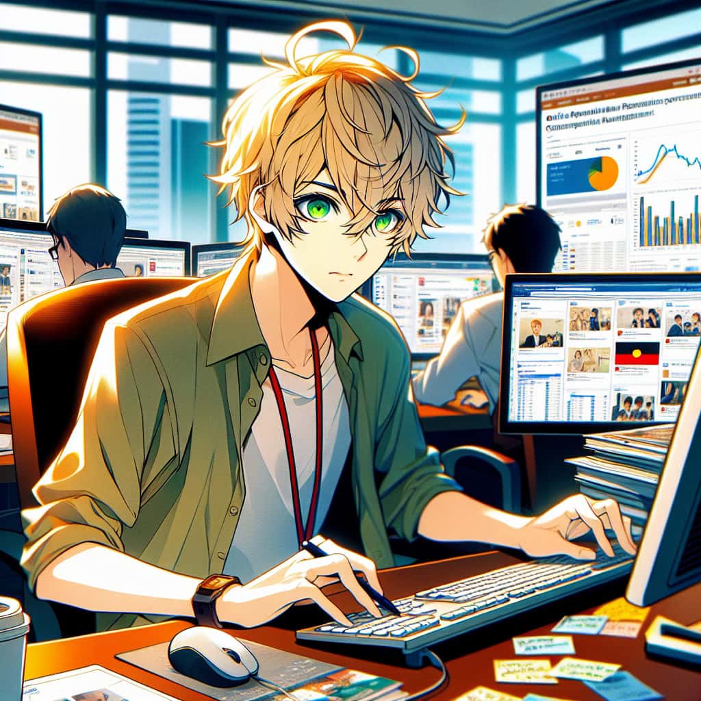 imagine in anime seraph of the end like look showing an anime boy with messy blond hair and green eyes working in online reputationsmanagement