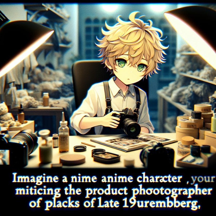 imagine in anime seraph of the end like look showing an anime boy with messy blond hair and green eyes working in produktfotograf aus nuernberg