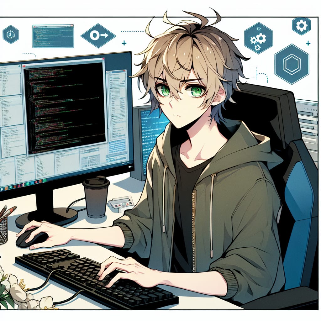 imagine in anime seraph of the end like look showing an anime boy with messy blond hair and green eyes working in saas entwickler
